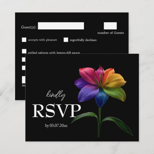 🌈 予算+メニュー+RSVP テクニカラー・ラブ 出欠カード (正面/裏面)