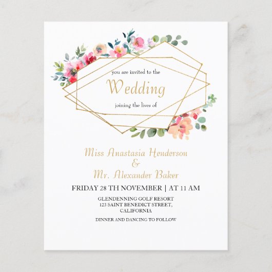 予算/金ゴールドフレームとフローラ/結婚式招待状 チラシ (正面)