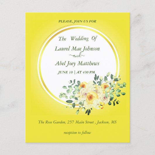 予算。黄色の背景バラ招待状 (正面)