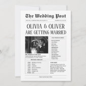 予算、QRコード、新聞おもしろいの結婚記事 招待状 (正面)