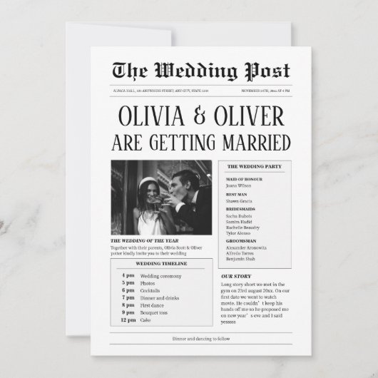 予算、QRコード、新聞おもしろいの結婚記事 招待状 (正面)