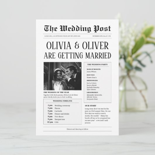 予算、QRコード、新聞おもしろいの結婚記事 招待状 (スタンド正面)