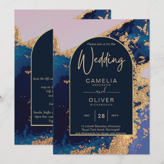 予算Agateブルー金ゴールド結婚式の招待QRコードRSVP 招待状 (正面/裏面)