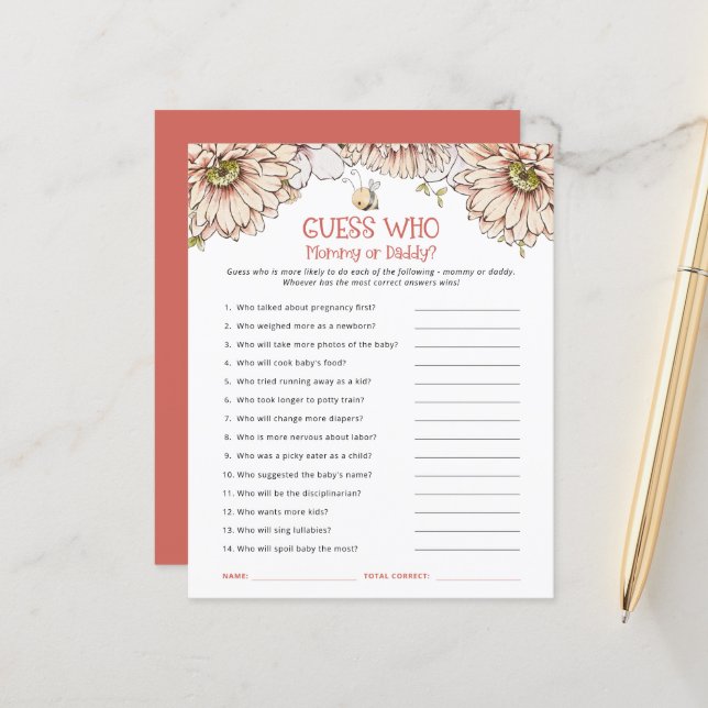 予算Bee推測誰がママまたはパパ赤ちゃんシャワーのゲーム (正面/裏面インサイチュ)