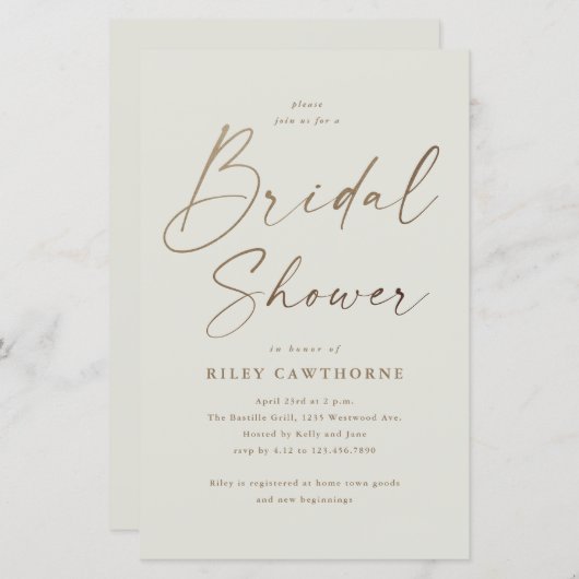 予算Boho金ゴールドスクリプトブライダルシャワー招待 (正面/裏面)