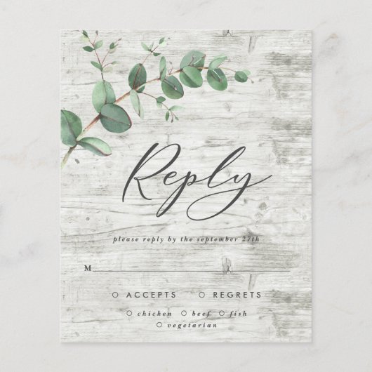 予算eucalyptus葉ホワイトウッド結婚式RSVP (裏面)