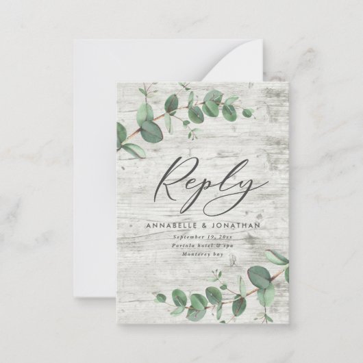 予算eucalyptus葉ホワイトウッド結婚式RSVP ノートカード (正面)