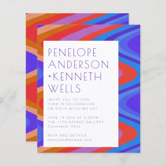 予算Groovy曲線ラインブルーレッドウェディング招待 (正面/裏面)
