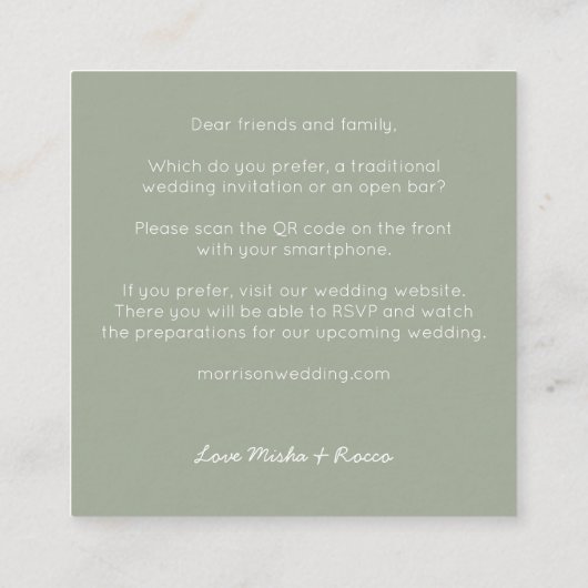 予算QRコードオープンバーミニマリスト結婚セージ スクエア名刺 (裏面)