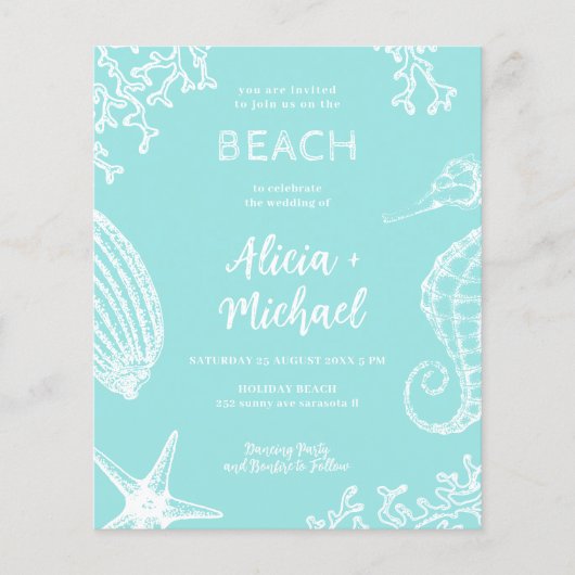 予算QRコードビーチ写真結婚式招待状 (正面)