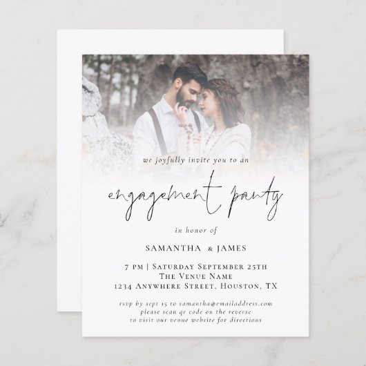 予算QRコードフォト婚約パーティ招待状 (正面/裏面)