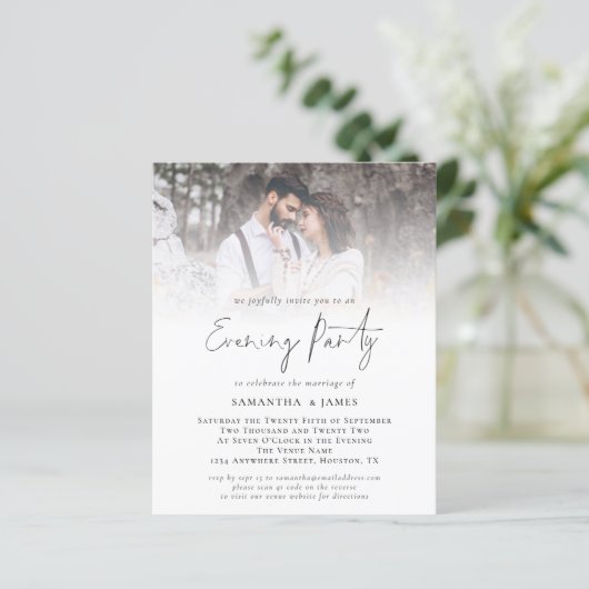 予算QRコードフォト結婚の夕べパーティー招待状 (スタンド正面)