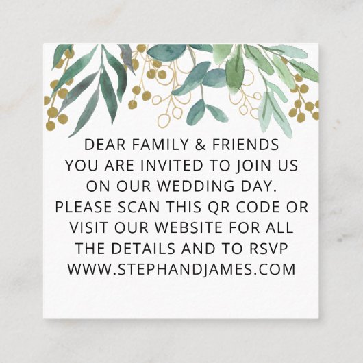 予算QRコードユーカリプトゥスベリー結婚式招待状 スクエア名刺 (裏面)