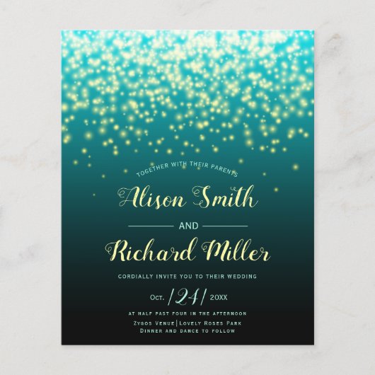 予算QRコードライトティール（緑がかった色）ブルー結婚式招待状 (正面)