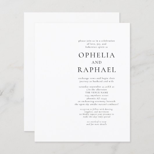 予算QRコード白黒ボヘミアンウェディング招待 (正面/裏面)