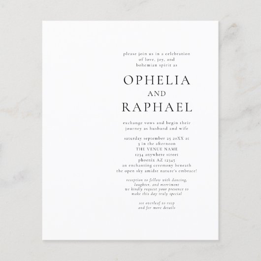 予算QRコード白黒ボヘミアンウェディング招待 (正面)