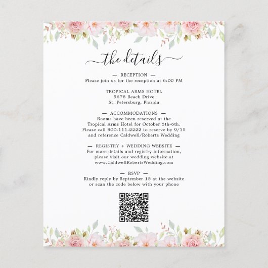 予算QRコード詳細ピンクローゼウェディング招待 (裏面)
