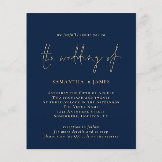 予算QRコード金ゴールドネイビー結婚式招待状 (正面)