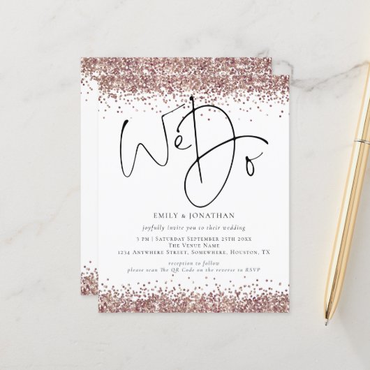予算QRバラ金ゴールドグリッター私たちは結婚式の招待 (正面/裏面インサイチュ)