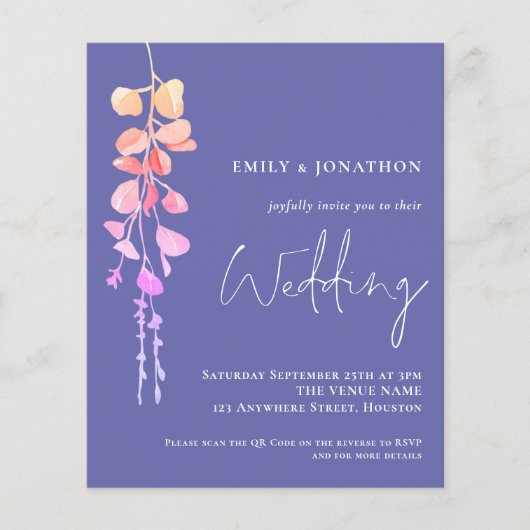 予算QRユーカリプトゥスペリウィンクル結婚式の招待 (正面)