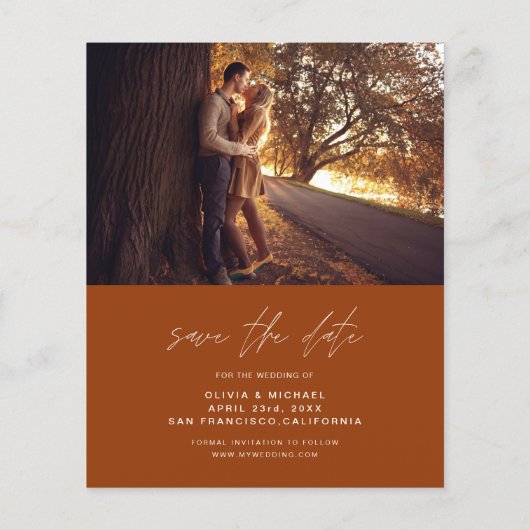 予算Save the Date Burnt Orange's 結婚 Photo (裏面)