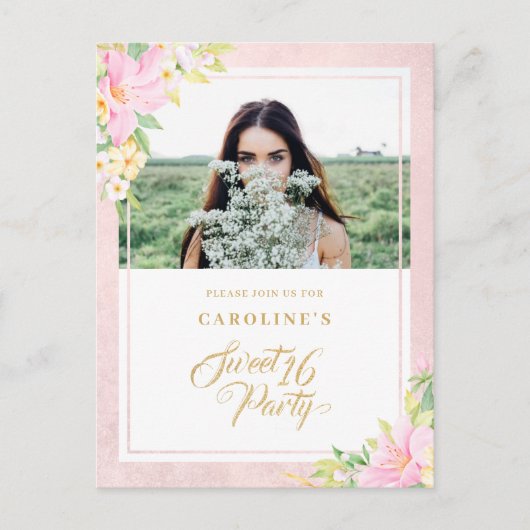 予算Sweet sixteenエレガントフローラピンク写真 インビテーションポストカード (正面)
