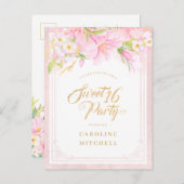 予算Sweet sixteenエレガントフローラ水色 インビテーションポストカード (正面/裏面)