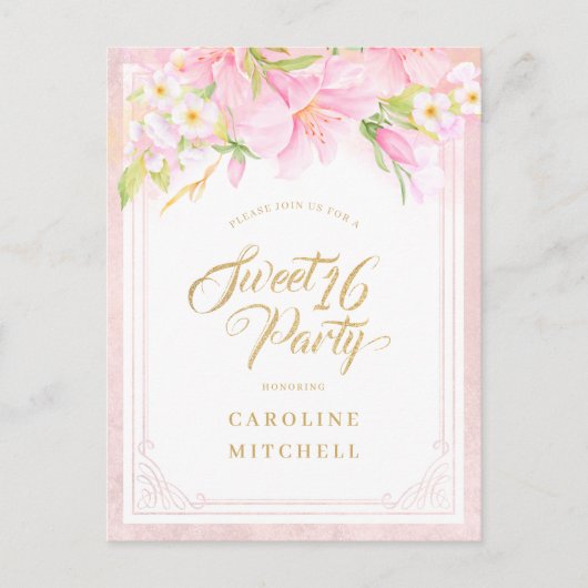 予算Sweet sixteenエレガントフローラ水色 インビテーションポストカード (正面)