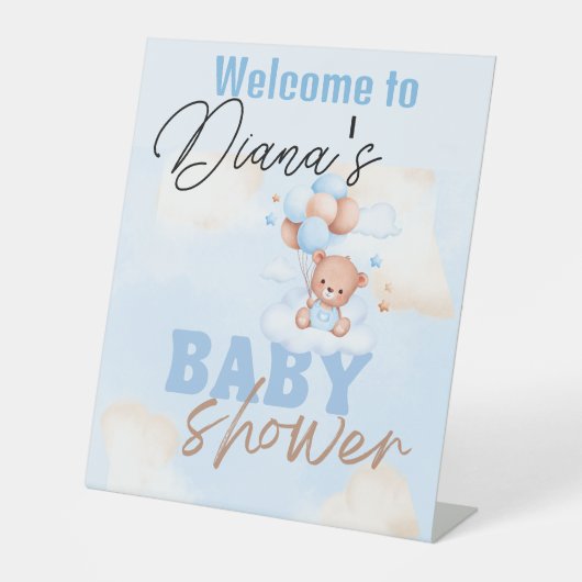 予算teddy bearベビーシャワー、ベビー招待用の本 台座サイン (正面)