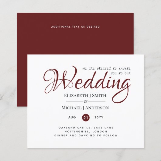 予算TYPOGRAHY結婚式の招待 – Burgundy Red (正面/裏面)