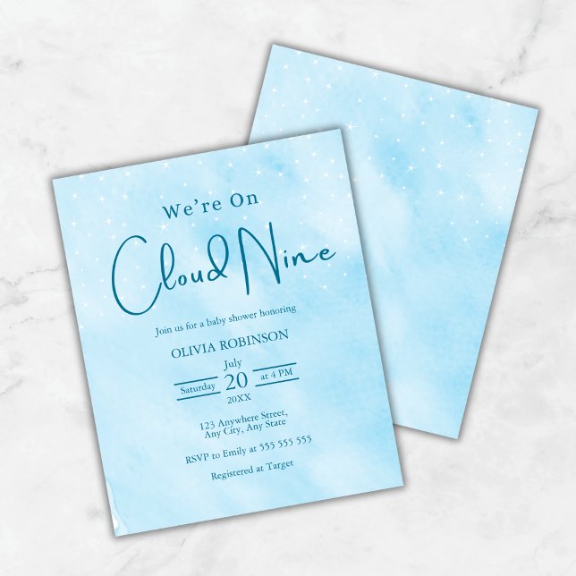 予算We'on Cloud Nine Boy Baby Shower招待状 (Budget We're On Cloud 9 Dreamy Sky Blue Boy Baby Shower Invitation )