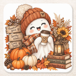 予約済みで酔っ払った かわいいハロウィーンの本を読む幽霊の本 スクエアペーパーコースター