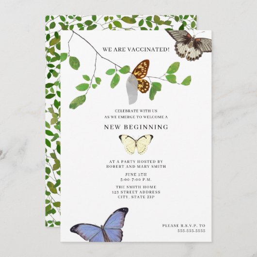 予防接種された検疫終了懇親会蝶 招待状 (正面/裏面)