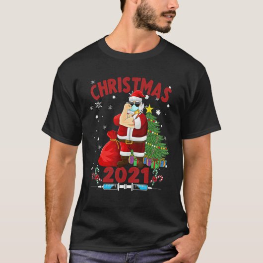 予防接種サンタ着用マスククリスマス Tシャツ (正面)