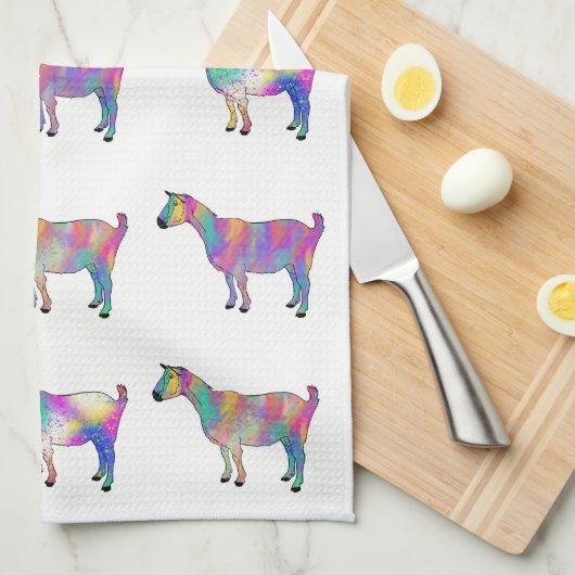 事のデザインに立っているカラフルでアートなヤギ キッチンタオル (四つ折り)
