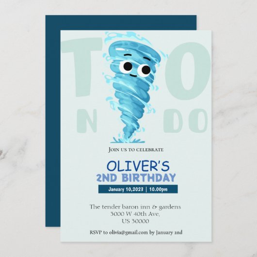 二おもしろい人の男の子2歳の誕生日 招待状 (正面/裏面)