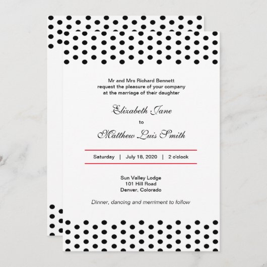 二か国語のはっきりしたな水玉模様の結婚式招待状 招待状 (正面/裏面)