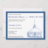 二か国語の青いチャペルの結婚式招待状 招待状 (正面)