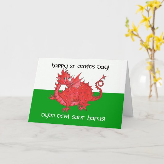 二か国語のSt Davidの日のドラゴンの挨拶状 カード (黄色い花)