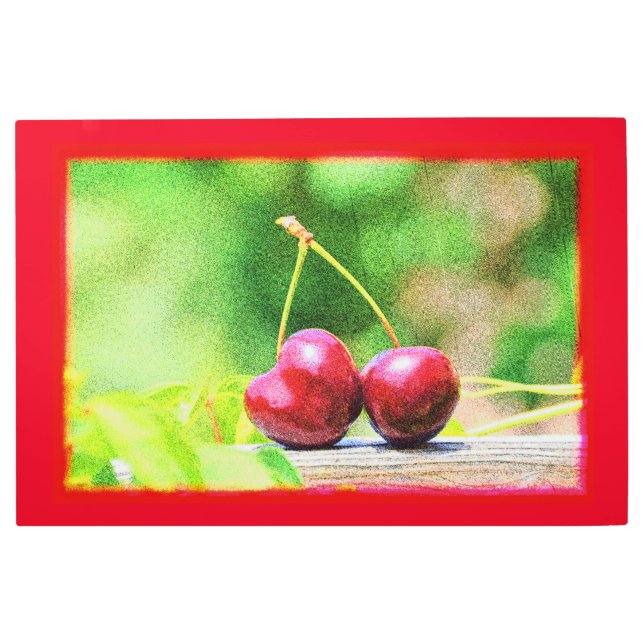 「二つのさくらんぼフルーツ」かわいい写真。買今 メタルプリント (正面)