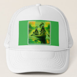 二つのインディアンが湖でボートをしている キャップ