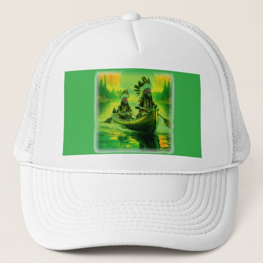 二つのインディアンが湖でボートをしている キャップ (正面)