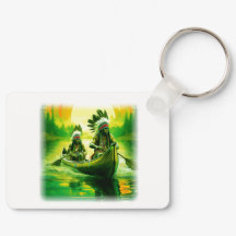 二つのインディアンが湖でボートをしている