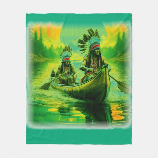 二つのインディアンが湖でボートをしている フリースブランケット (正面)