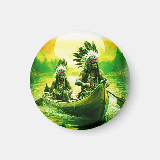 二つのインディアンが湖でボートをしている マグネット (正面)