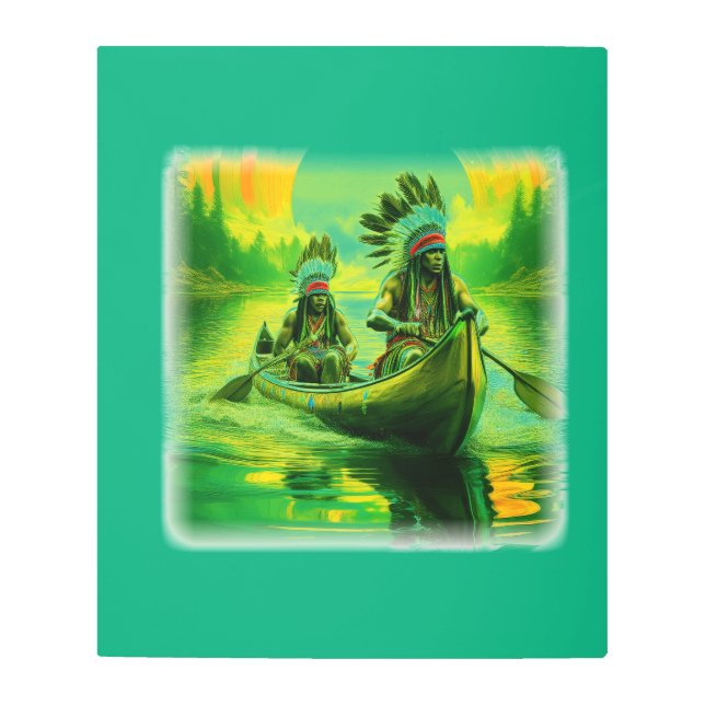 二つのインディアンが湖でボートをしている メタルプリント (正面)