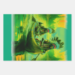 二つのインディアンが湖でボートをしている ラッピングペーパーシート