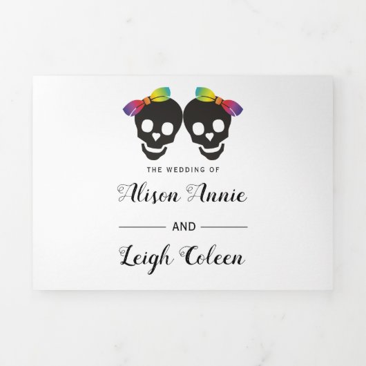 二つのスカルはカラフル紙吹雪レズ結婚ビアン 三つ折り招待状 (カバー)