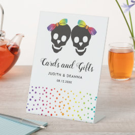 二つのスカルはカラフル紙吹雪レズ結婚ビアン 台座サイン