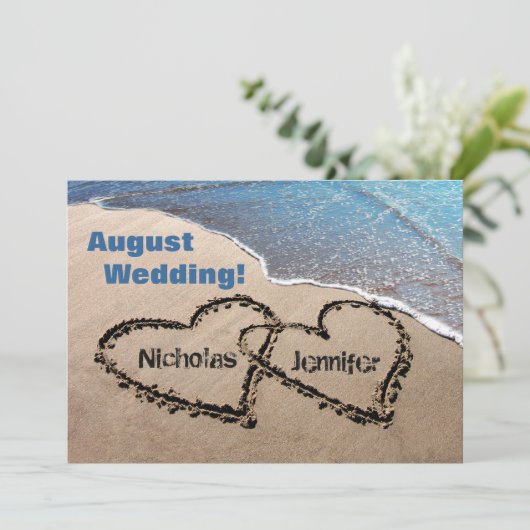 二つのハートの砂の夏の結婚式招待状 招待状 (スタンド正面)